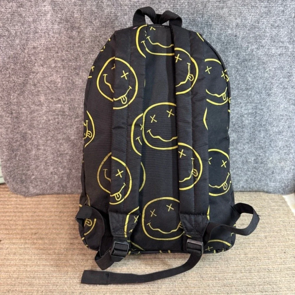 Nirvana Smiley Face Logo Backpack Black Yellow Canvas Music Band School Bag